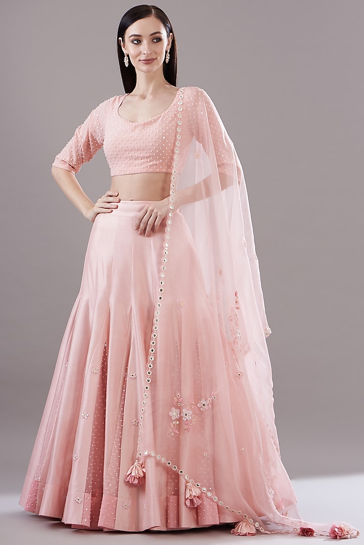 Peach Silk Dupion Embroidered Wedding Lehenga Set by MADZIN at Pernia's Pop Up Shop
