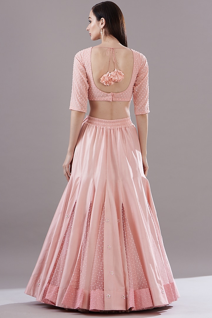 Peach Silk Dupion Embroidered Wedding Lehenga Set by MADZIN at Pernia's Pop Up Shop