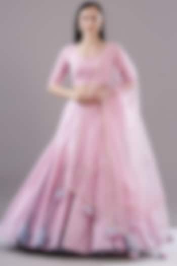 Pink Silk Dupion Embroidered Wedding Lehenga Set by MADZIN at Pernia's Pop Up Shop