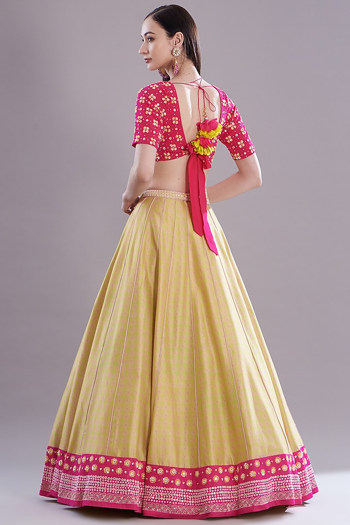 Spring Green Silk Embroidered & Printed Wedding Lehenga Set by MADZIN at Pernia's Pop Up Shop