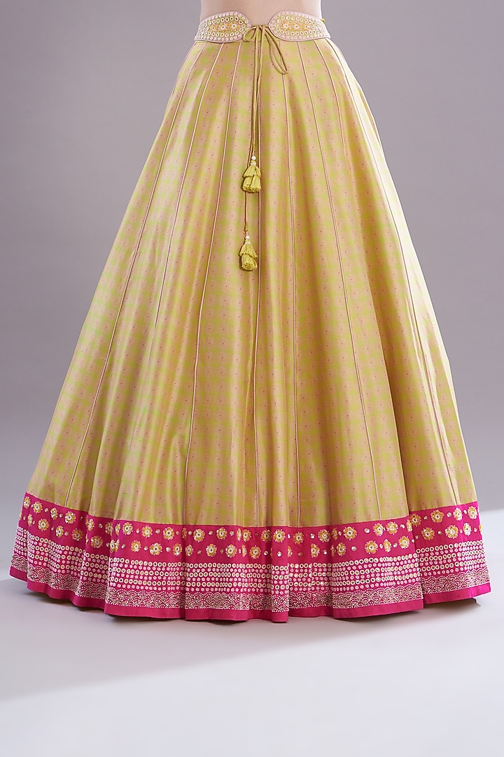 Spring Green Silk Embroidered & Printed Wedding Lehenga Set by MADZIN at Pernia's Pop Up Shop
