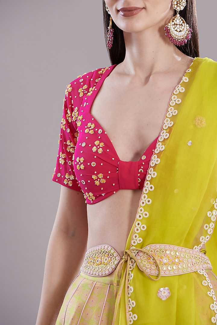 Spring Green Silk Embroidered & Printed Wedding Lehenga Set by MADZIN at Pernia's Pop Up Shop