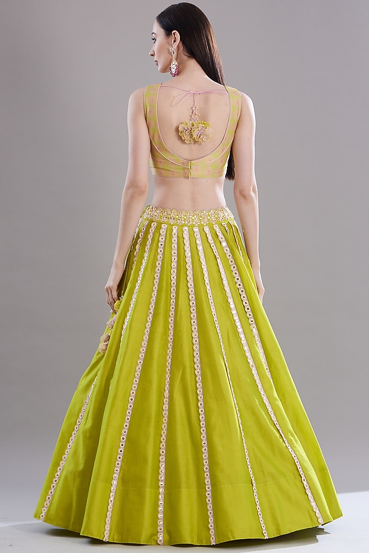 Spring Green Silk Chanderi Embroidered Wedding Lehenga Set by MADZIN at Pernia's Pop Up Shop