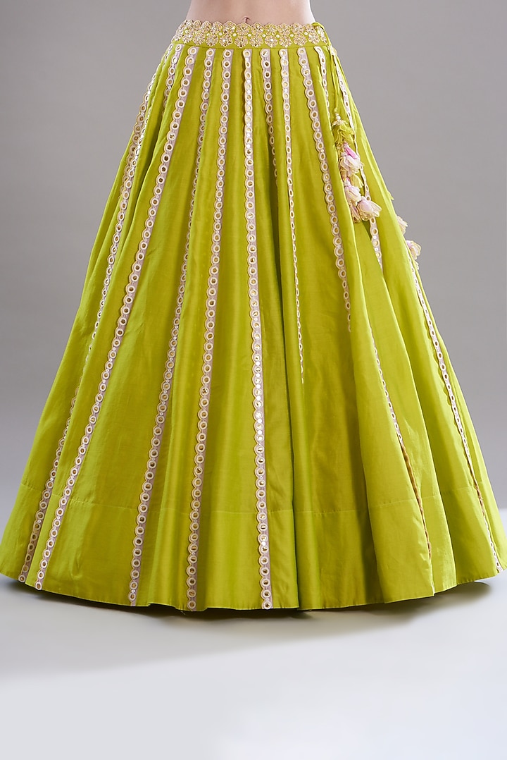 Spring Green Silk Chanderi Embroidered Wedding Lehenga Set by MADZIN at Pernia's Pop Up Shop