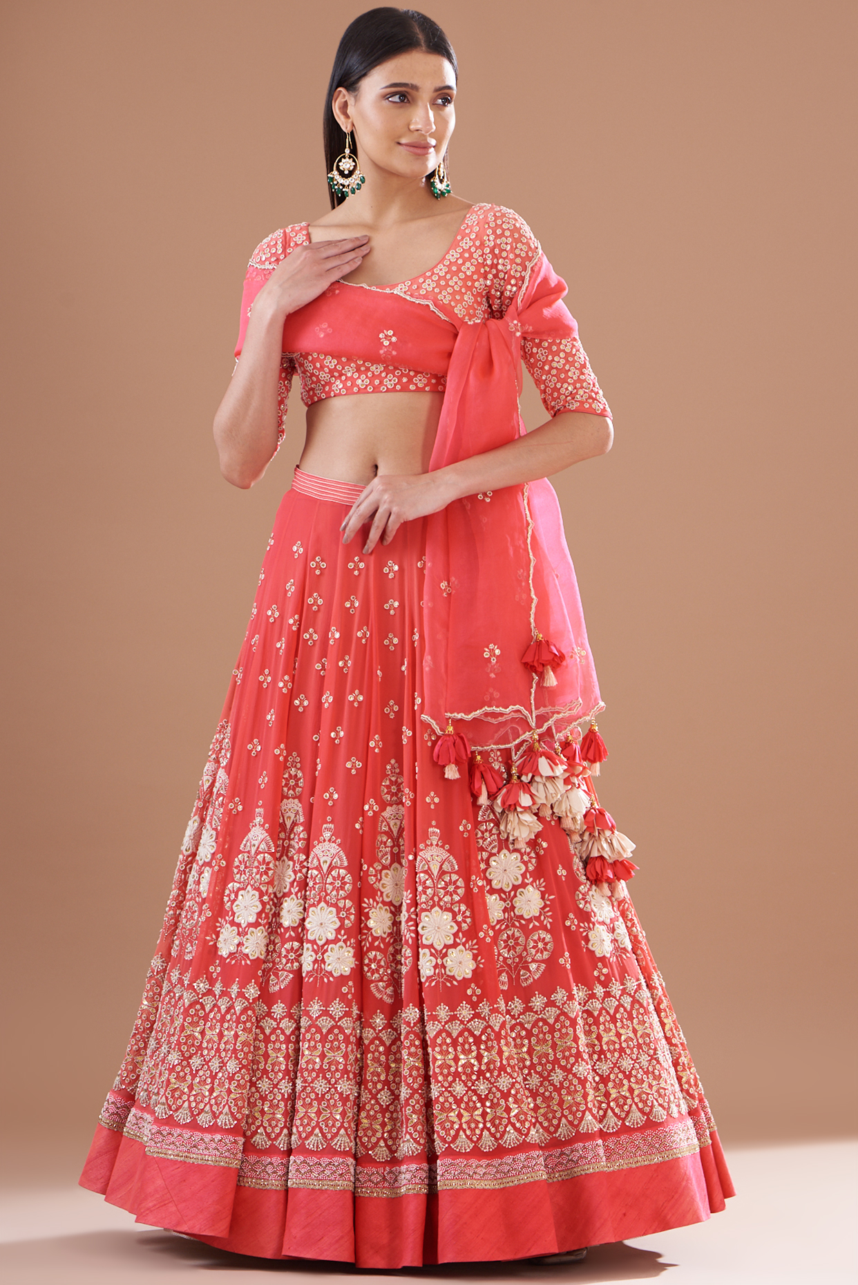 Red Silk & Organza Hand Embroidered Bridal Lehenga Set by MADZIN at Pernia's Pop Up Shop