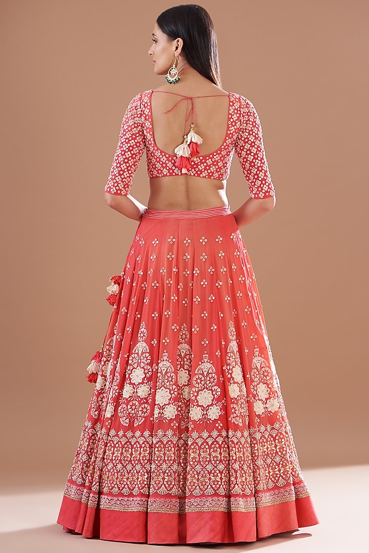 Red Silk & Organza Hand Embroidered Bridal Lehenga Set by MADZIN at Pernia's Pop Up Shop