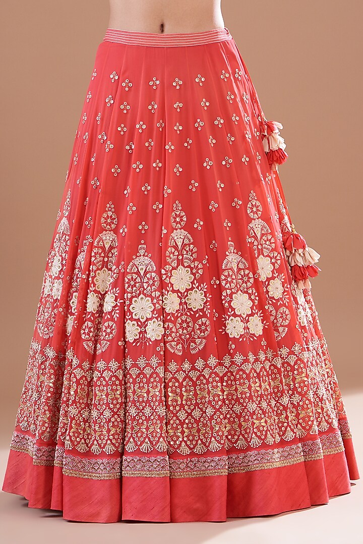Red Silk & Organza Hand Embroidered Bridal Lehenga Set by MADZIN at Pernia's Pop Up Shop