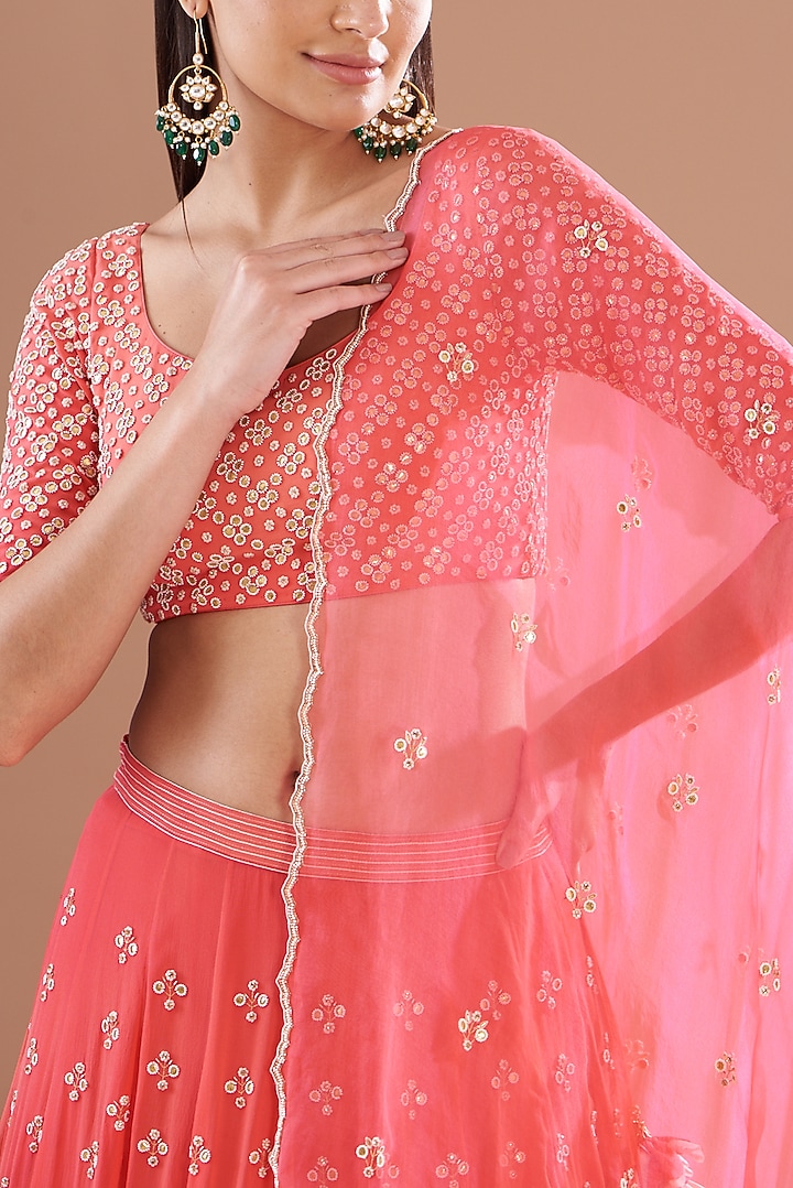Red Silk & Organza Hand Embroidered Bridal Lehenga Set by MADZIN at Pernia's Pop Up Shop