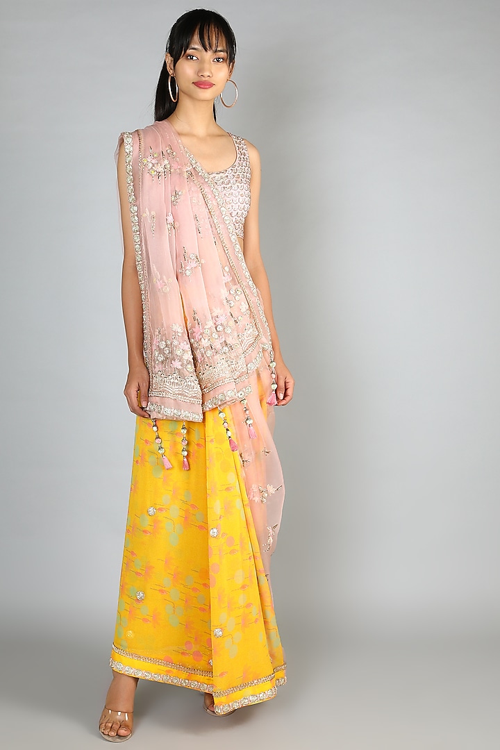 Yellow & Pink Embroidered Saree Set by MADZIN
