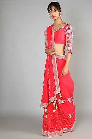 Red Embroidered Saree Set by MADZIN
