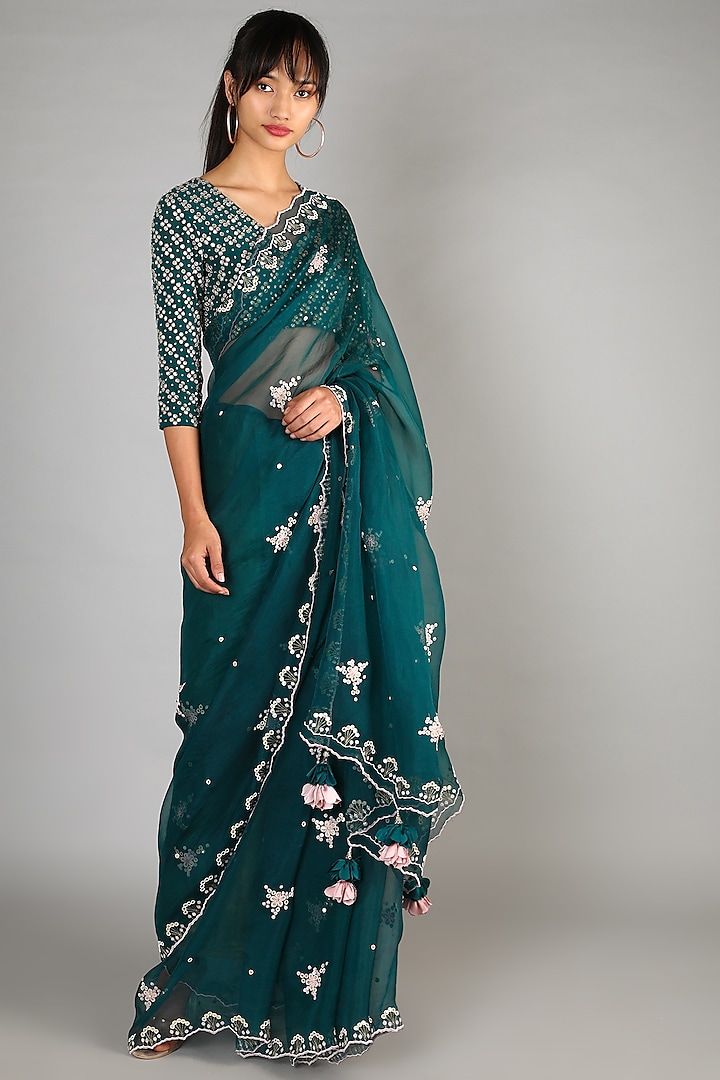 Emerald Green Embroidered Saree Set by MADZIN