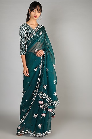Emerald Green Embroidered Saree Set by MADZIN