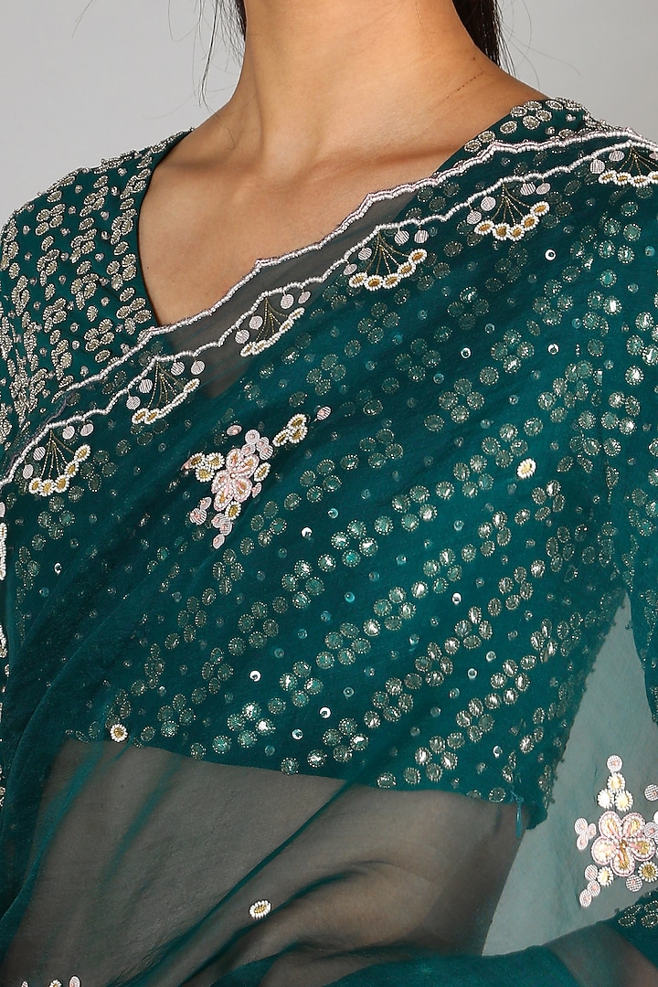 Emerald Green Embroidered Wedding Saree Set by MADZIN at Pernia's Pop Up Shop