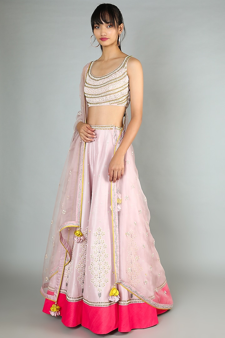 Mauve Embroidered Lehenga Set by MADZIN