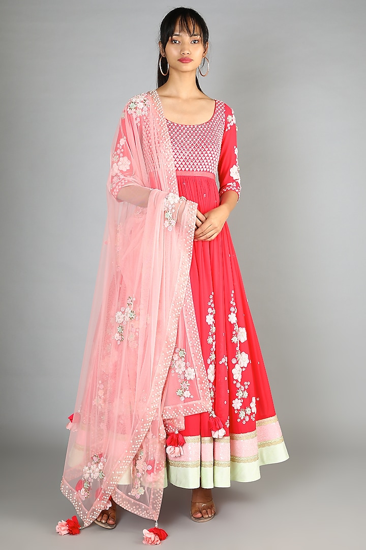 Red Embroidered Anarkali Set by MADZIN