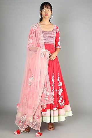 Red Embroidered Anarkali Set by MADZIN
