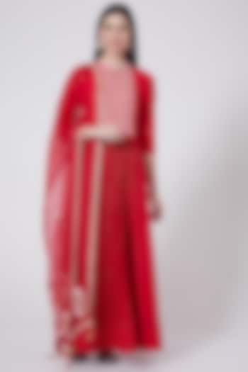 Red Silk Anarkali With Dupatta by MADZIN