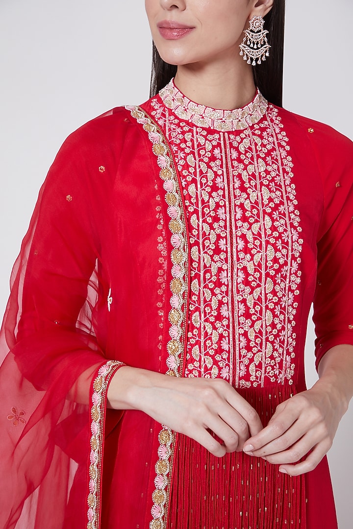 Red Silk Wedding Anarkali With Dupatta by MADZIN at Pernia's Pop Up Shop