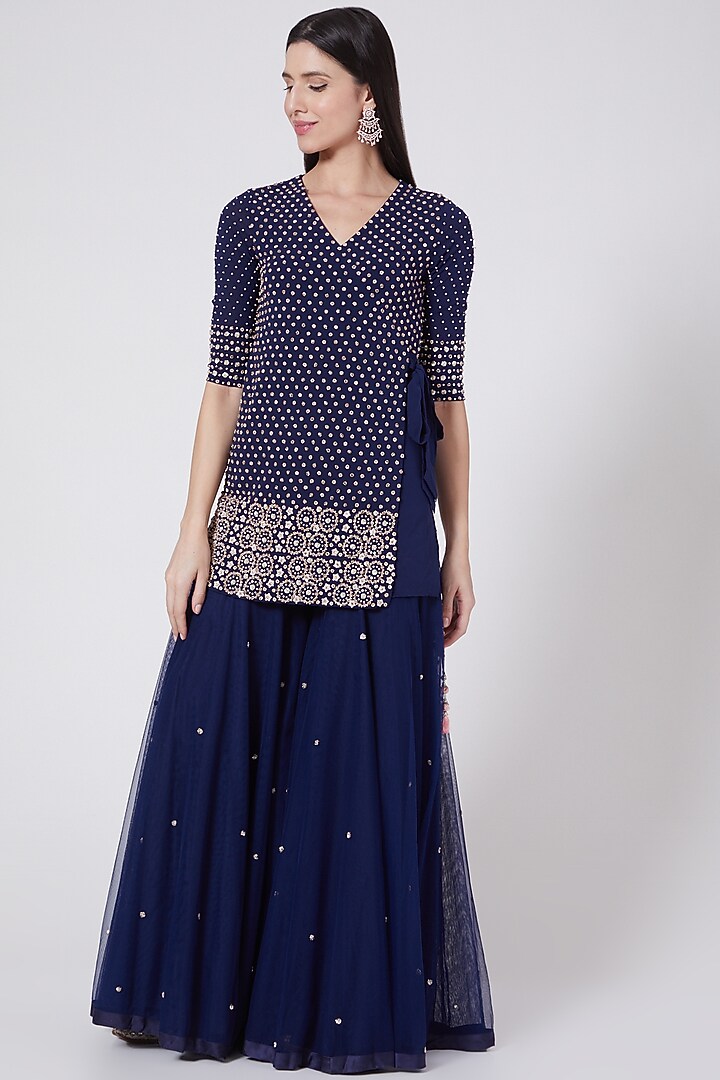 Navy Blue Georgette Bridal Sharara Set by MADZIN at Pernia's Pop Up Shop