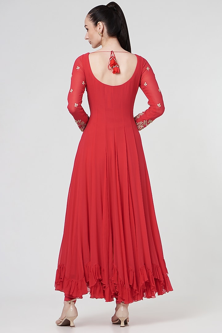 Red Embroidered Wedding Anarkali Set by MADZIN at Pernia's Pop Up Shop