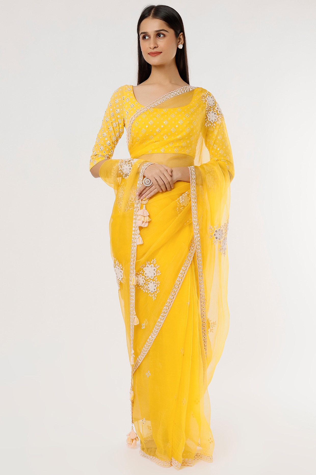 Yellow Plain Chiffon Saree | Hamari Dharohar