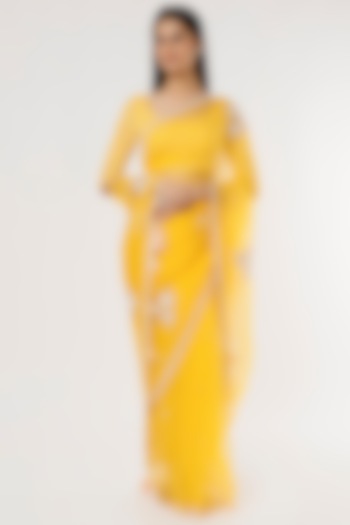 Lemon Yellow Embroidered Saree Set by Madsam Tinzin