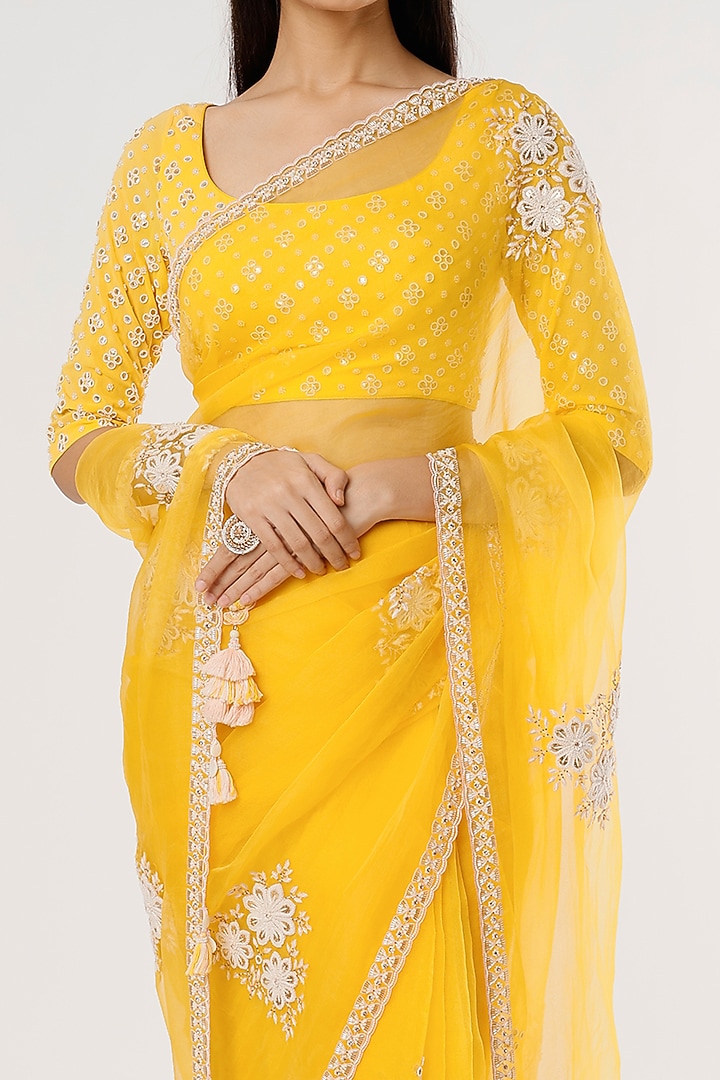 Lemon Yellow Embroidered Wedding Saree Set by MADZIN at Pernia's Pop Up Shop