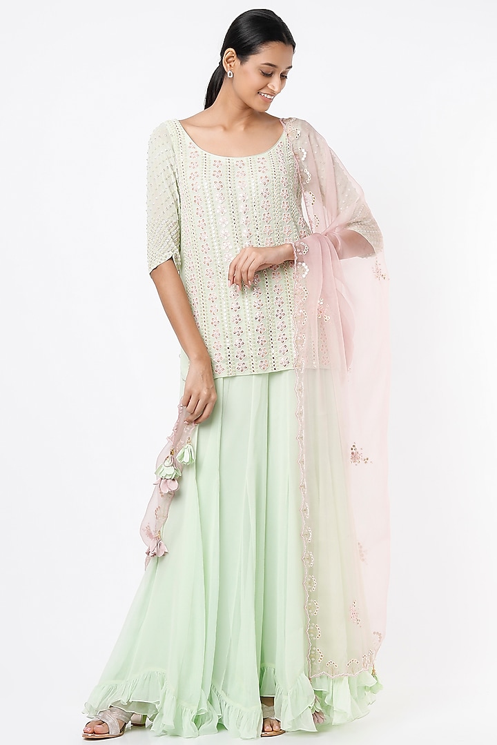 Mint Green Embroidered Sharara Set by MADZIN