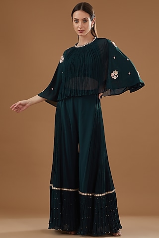 Forest Green Georgette Embroidered Cape Set by MADZIN