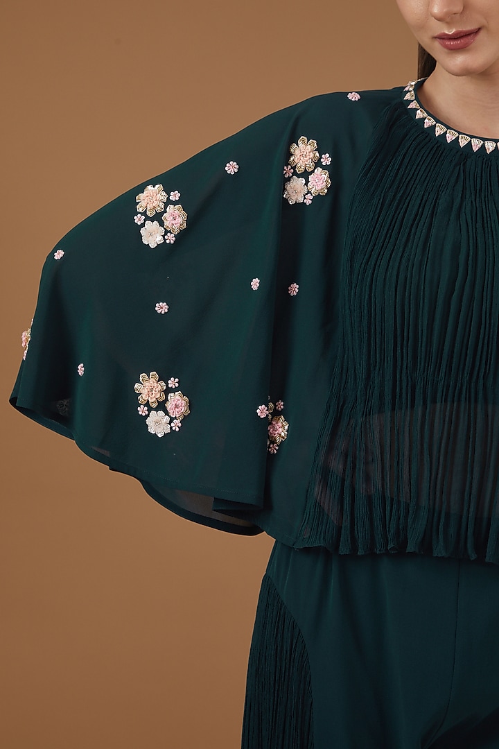 Forest Green Georgette Embroidered Cape Set by MADZIN at Pernia's Pop Up Shop