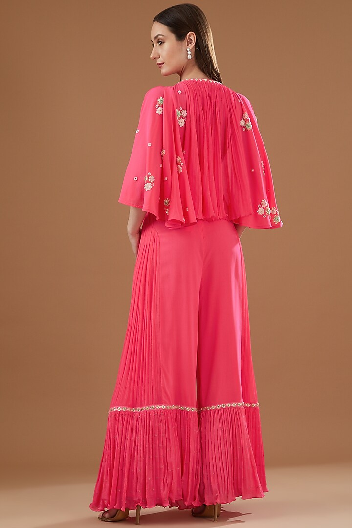 Fuchsia Georgette Embroidered Cape Set by MADZIN at Pernia's Pop Up Shop