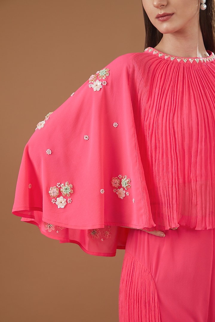 Fuchsia Georgette Embroidered Cape Set by MADZIN at Pernia's Pop Up Shop