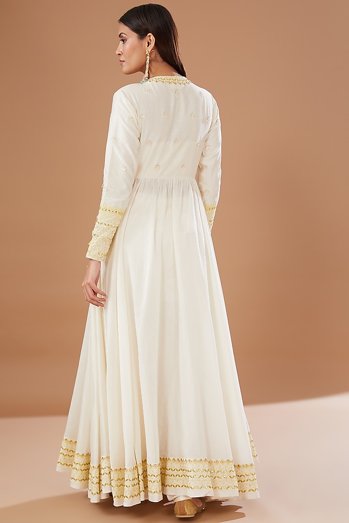Ivory Silk Chanderi Embellished Bridal Anarkali Set by MADZIN at Pernia's Pop Up Shop