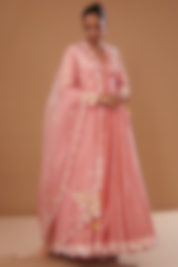Pink Silk Chanderi Hand Embellished Bridal Anarkali Set by MADZIN at Pernia's Pop Up Shop