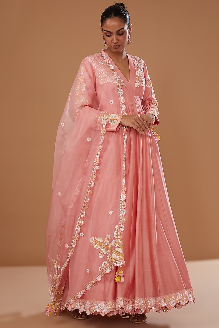 Pink Silk Chanderi Hand Embellished Bridal Anarkali Set by MADZIN at Pernia's Pop Up Shop