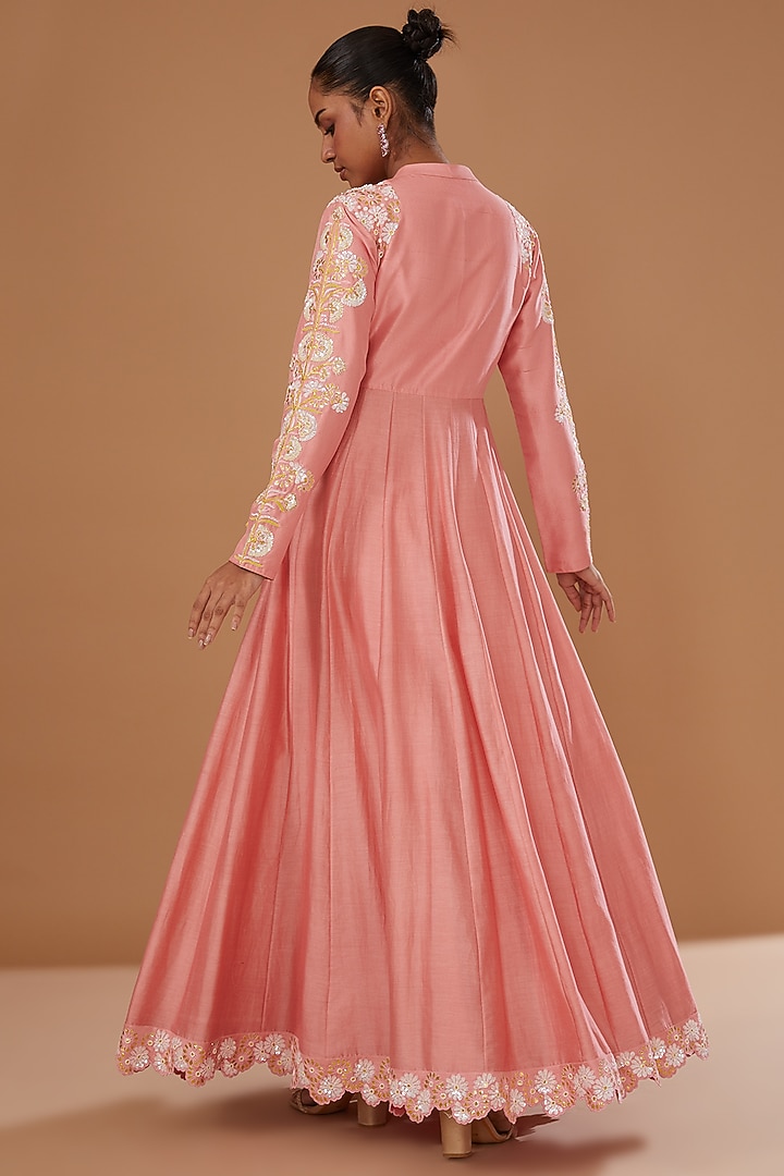 Pink Silk Chanderi Hand Embellished Bridal Anarkali Set by MADZIN at Pernia's Pop Up Shop