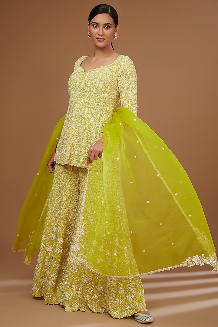 Spring Green Silk Georgette Aari Machine Embroidered Sharara Set by MADZIN at Pernia's Pop Up Shop