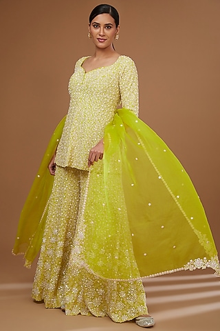 Spring Green Silk Georgette Aari Machine Embroidered Sharara Set by MADZIN