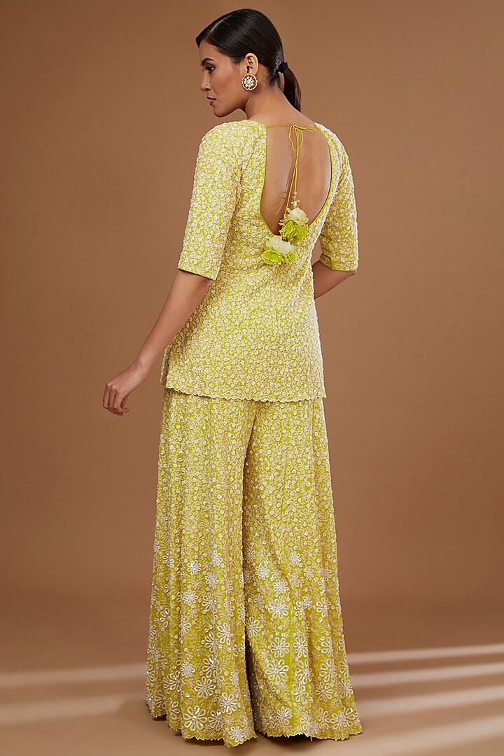 Spring Green Silk Georgette Aari Machine Embroidered Bridal Sharara Set by MADZIN at Pernia's Pop Up Shop