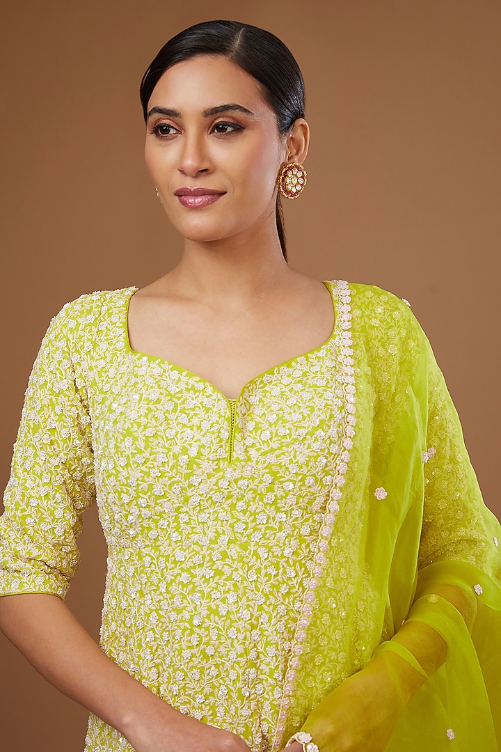 Spring Green Silk Georgette Aari Machine Embroidered Bridal Sharara Set by MADZIN at Pernia's Pop Up Shop