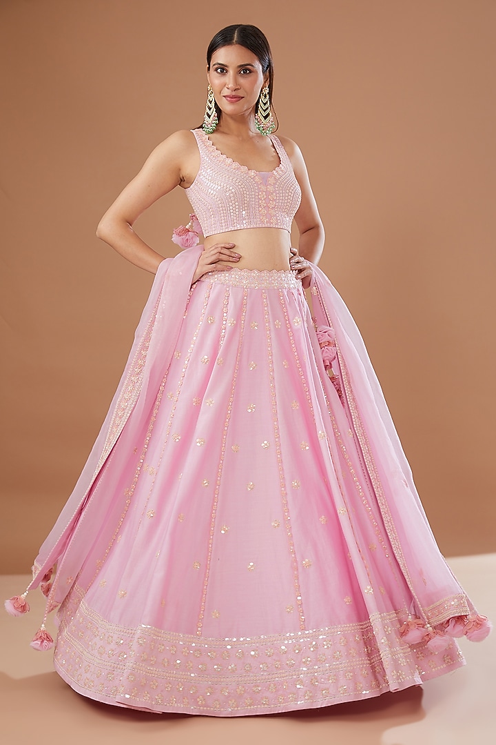 Pink Silk Chanderi Hand Embroidered Wedding Lehenga Set by MADZIN at Pernia's Pop Up Shop