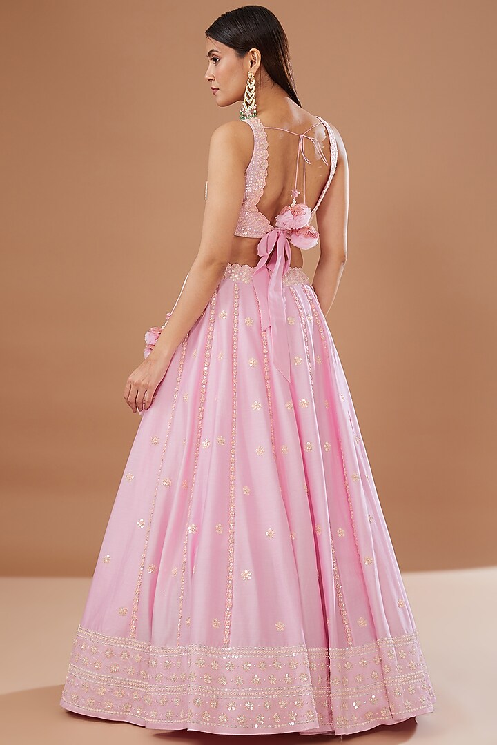 Pink Silk Chanderi Hand Embroidered Wedding Lehenga Set by MADZIN at Pernia's Pop Up Shop