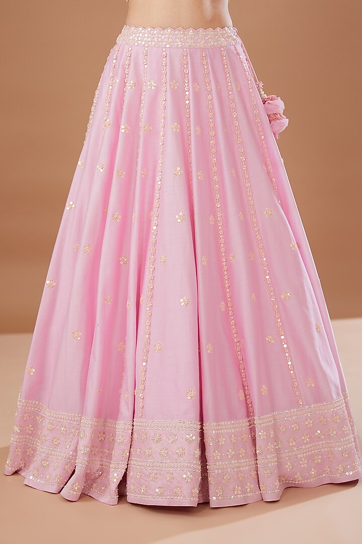 Pink Silk Chanderi Hand Embroidered Wedding Lehenga Set by MADZIN at Pernia's Pop Up Shop