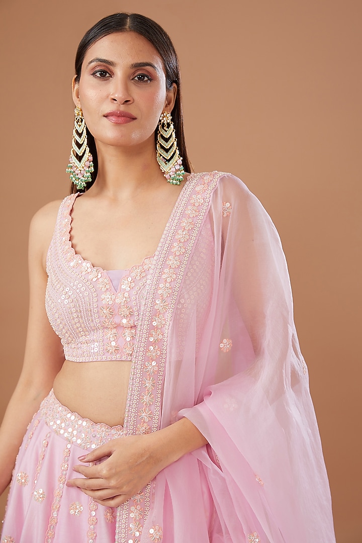Pink Silk Chanderi Hand Embroidered Wedding Lehenga Set by MADZIN at Pernia's Pop Up Shop
