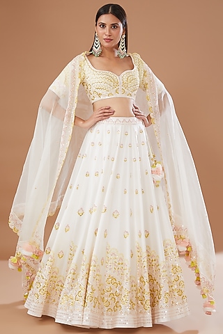 Ivory Dupion Silk Lehenga Set by MADZIN