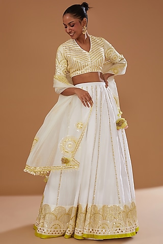 White Silk Chanderi Hand Embroidered Lehenga Set by MADZIN