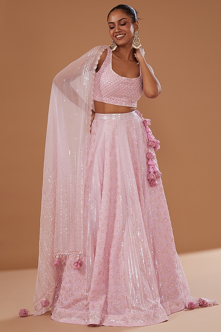 Pink Pure Georgette Hand Embroidered Bridal Lehenga Set by MADZIN at Pernia's Pop Up Shop