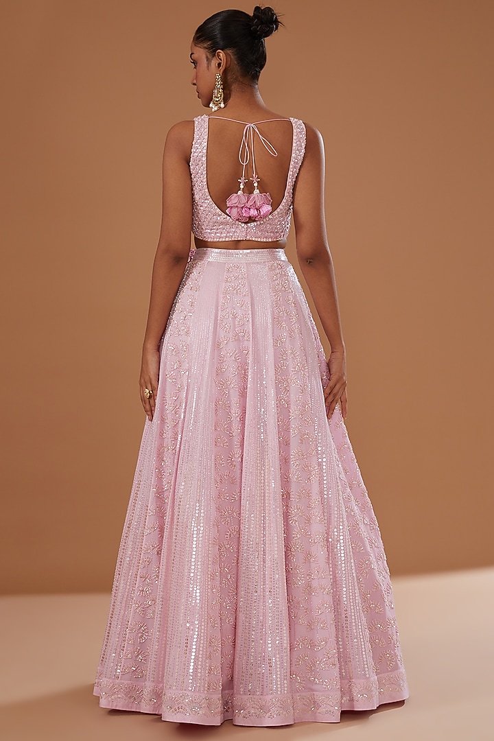 Pink Pure Georgette Hand Embroidered Bridal Lehenga Set by MADZIN at Pernia's Pop Up Shop