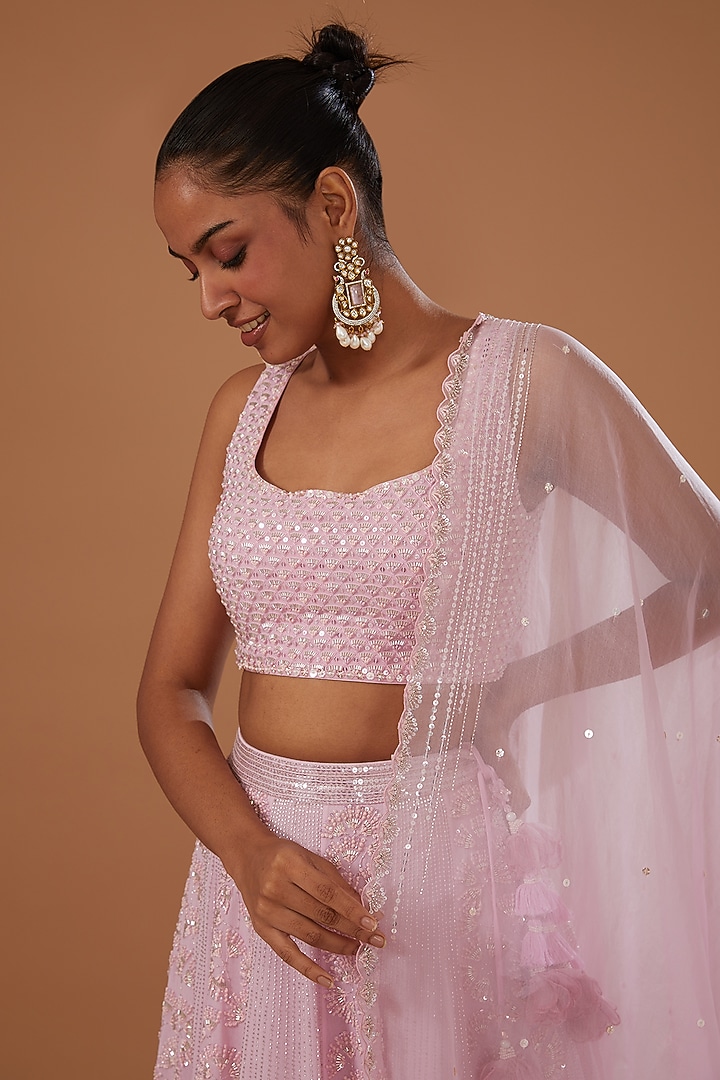 Pink Pure Georgette Hand Embroidered Bridal Lehenga Set by MADZIN at Pernia's Pop Up Shop