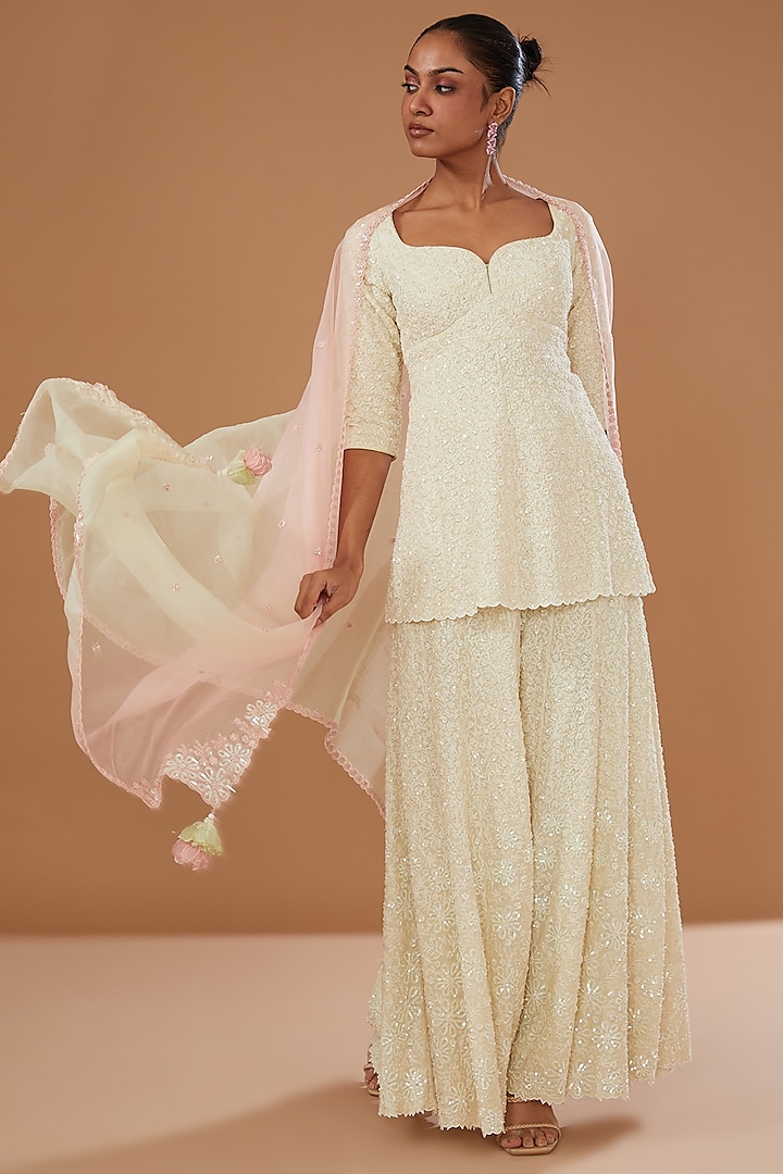 Ivory Pure Georgette Embellished Bridal Sharara Set by MADZIN at Pernia's Pop Up Shop